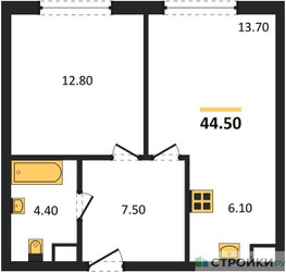 Планировка однокомнатной(квартира) площадью 44.5 квадратных метров в ЖК “ЖК Воксхолл”