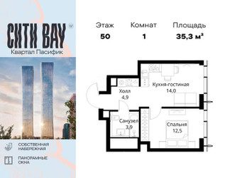 Планировка однокомнатной(квартира) площадью 35.3 квадратных метров в ЖК “ЖК Сити Бэй”