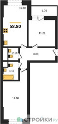 Планировка двухкомнатной(квартира) площадью 58.8 квадратных метров в ЖК “ЖК Рассказово”