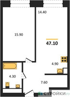 Планировка однокомнатной(апартаменты) площадью 47.1 квадратных метров в “ЖК Мираполис”