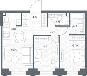 Планировка двухкомнатной(квартира) площадью 64.34 квадратных метров в ЖК “ЖК TATE (Тэйт)”