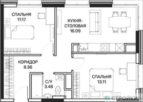 Планировка двухкомнатной(квартира) площадью 52.3 квадратных метров в “ЖК Clementine (Клементин)”