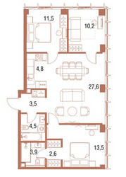 Планировка трехкомнатной(квартира) площадью 82.6 квадратных метров в ЖК “ЖК Симфония 34”