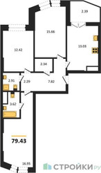 Планировка трехкомнатной(квартира) площадью 79.43 квадратных метров в ЖК “ЖК Sezar City (Сезар Сити)”
