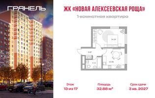Планировка однокомнатной(квартира) площадью 32.88 квадратных метров в “ЖК Новая Алексеевская роща”