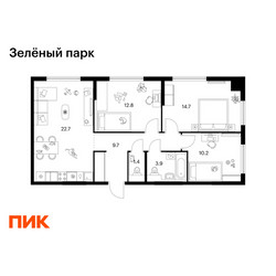 Планировка трехкомнатной(квартира) площадью 75.4 квадратных метров в ЖК “ЖК Зеленый парк”