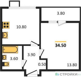 Планировка однокомнатной(квартира) площадью 34.5 квадратных метров в ЖК “ЖК Первый Лермонтовский”