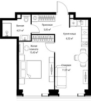 Планировка однокомнатной(квартира) площадью 43.22 квадратных метров в “Мультиквартал СИТИДЗЕН”