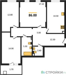 Планировка трехкомнатной(квартира) площадью 86 квадратных метров в ЖК “ЖК Новое Летово”