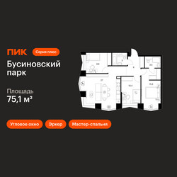 Планировка трехкомнатной(квартира) площадью 75.1 квадратных метров в ЖК “ЖК Бусиновский парк”