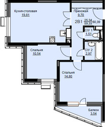 Планировка двухкомнатной(квартира) площадью 61 квадратных метров в ЖК “ЖК Соболевка”