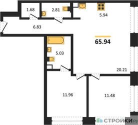 Планировка двухкомнатной(квартира) площадью 69.1 квадратных метров в ЖК “ЖК AFI Park Воронцовский (Афи Парк)”