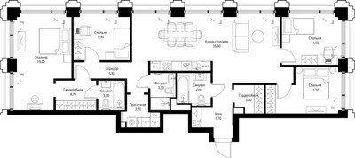 Планировка 4+ комнатной(квартира) площадью 120.7 квадратных метров в ЖК “ЖК СЕТ”