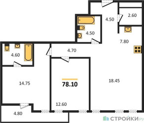Планировка двухкомнатной(квартира) площадью 76.7 квадратных метров в ЖК “ЖК Twin House (Твин Хаус)”