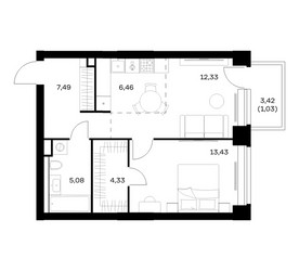 Планировка однокомнатной(квартира) площадью 50.15 квадратных метров в ЖК “ЖК НОВА”