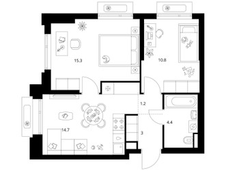 Планировка двухкомнатной(квартира) площадью 49.4 квадратных метров в ЖК “ЖК Середневский лес”