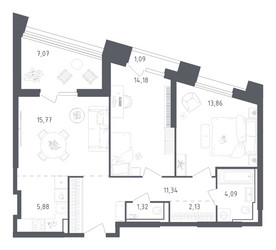 Планировка двухкомнатной(апартаменты) площадью 76.73 квадратных метров в ЖК “ЖК Скай Спутник”