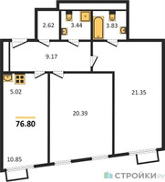Планировка двухкомнатной(квартира) площадью 76.8 квадратных метров в “ЖК Tophills (ТопХиллс)”