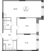 Планировка двухкомнатной(квартира) площадью 61.3 квадратных метров в “ЖК Первый Московский”
