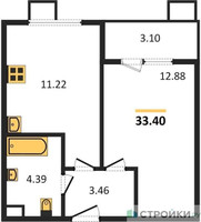 Планировка однокомнатной(квартира) площадью 33.4 квадратных метров в “Жилые кварталы Новое Пушкино”