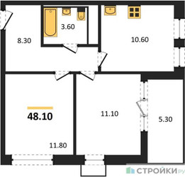 Планировка двухкомнатной(квартира) площадью 48.1 квадратных метров в ЖК “ЖК Скандинавия”