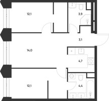 Планировка двухкомнатной(квартира) площадью 54.3 квадратных метров в “ЖК Войс”