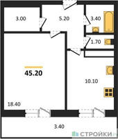 Планировка однокомнатной(квартира) площадью 45.2 квадратных метров в “ЖК Малиново”