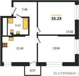 Планировка двухкомнатной(квартира) площадью 54.9 квадратных метров в ЖК “ЖК Self (Селф)”