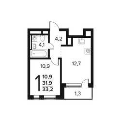Планировка однокомнатной(квартира) площадью 33.2 квадратных метров в ЖК “Новые Ватутинки. Заречный”