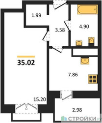 Планировка однокомнатной(квартира) площадью 35.02 квадратных метров в ЖК “ЖК ВОСТОК II”