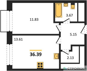Планировка однокомнатной(квартира) площадью 36.39 квадратных метров в ЖК “ЖК Новоград Павлино”