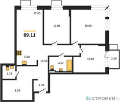 Планировка трехкомнатной(квартира) площадью 89.11 квадратных метров в “ЖК Егорово Парк”