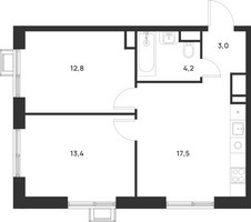 Планировка двухкомнатной(квартира) площадью 50.9 квадратных метров в “ЖК Форевиль”