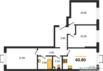 Планировка трехкомнатной(квартира) площадью 60.8 квадратных метров в ЖК “ЖК Лучи-2”