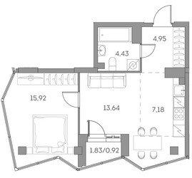 Планировка двухкомнатной(квартира) площадью 47 квадратных метров в ЖК “ЖК Аквилон Бисайд 2.0”