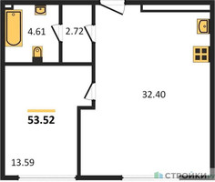 Планировка однокомнатной(апартаменты) площадью 52.9 квадратных метров в “ЖК CULT (Культ)”