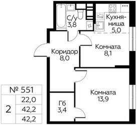 Планировка однокомнатной(квартира) площадью 42.2 квадратных метров в ЖК “ЖК Цветочные Поляны Сити”