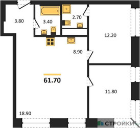 Планировка двухкомнатной(квартира) площадью 61.7 квадратных метров в ЖК “ЖК Мираполис”