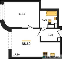Планировка однокомнатной(квартира) площадью 38.6 квадратных метров в “ЖК МАРК”
