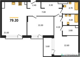 Планировка двухкомнатной(квартира) площадью 79.2 квадратных метров в “ЖК The LAKE (Лэйк)”