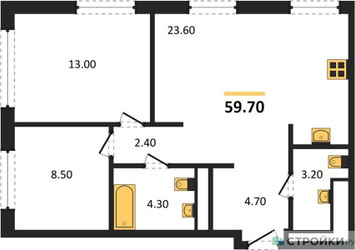 Планировка двухкомнатной(квартира) площадью 59.7 квадратных метров в ЖК “ЖК Сиреневый парк”