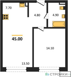 Планировка однокомнатной(квартира) площадью 45 квадратных метров в ЖК “ЖК Дзен-кварталы”