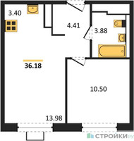 Планировка однокомнатной(квартира) площадью 36.18 квадратных метров в “ЖК Прибрежный Парк”