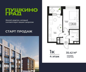 Планировка однокомнатной(квартира) площадью 35.42 квадратных метров в ЖК “ЖК Пушкино Град”