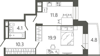 Планировка однокомнатной(квартира) площадью 47.5 квадратных метров в “ЖК Советская 18”