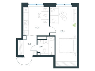 Планировка однокомнатной(квартира) площадью 38.9 квадратных метров в ЖК “ЖК Левел Мичуринский”