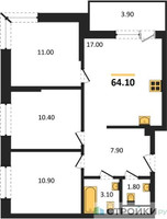 Планировка трехкомнатной(квартира) площадью 63.2 квадратных метров в “ЖК Одинцовские кварталы”