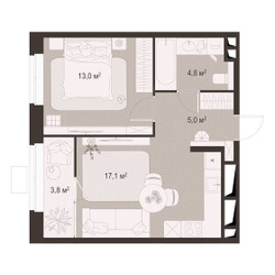 Планировка однокомнатной(квартира) площадью 43.7 квадратных метров в ЖК “ЖК Гранд Комфорт”