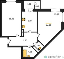 Планировка двухкомнатной(квартира) площадью 64.5 квадратных метров в “ЖК Три квартала”