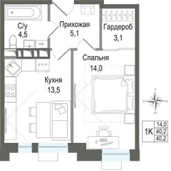 Планировка однокомнатной(квартира) площадью 40.2 квадратных метров в ЖК “ЖК КИНОКВАРТАЛ”